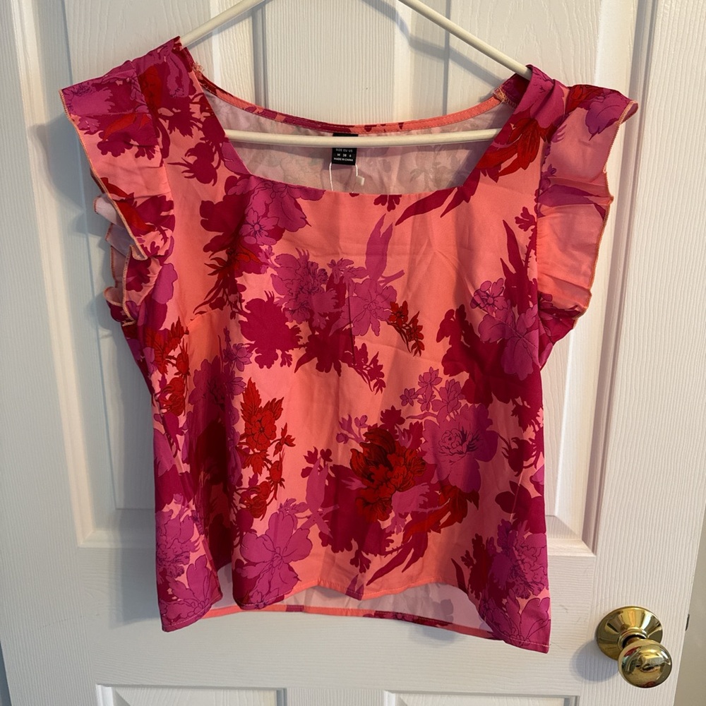 SHEIN Pink Floral Ruffle Blouse